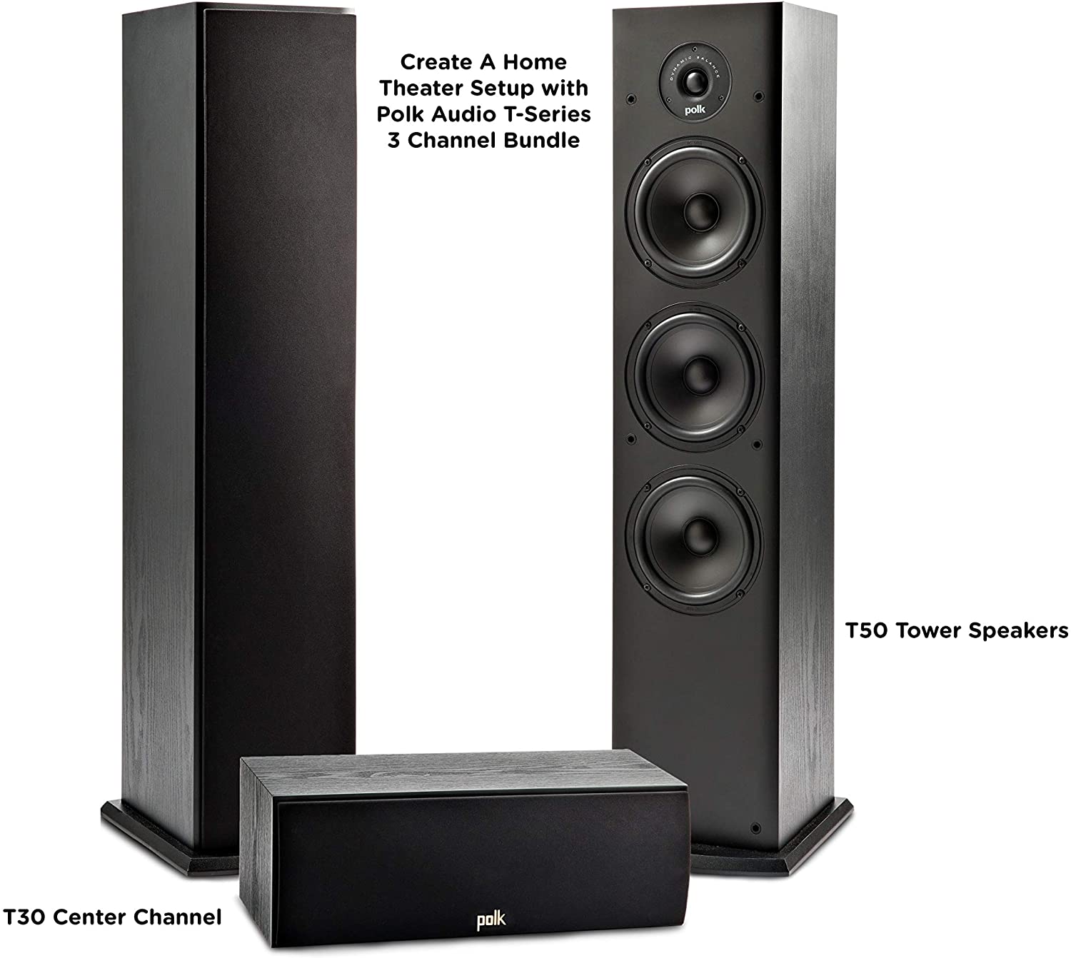 Polk Audio T Series 3 Channel Home Theater Bundle | Includes One (1) T30 Center Channel & Two (2) T50 Tower Speakers | Dolby and DTS Surround Polk Audio T Series 3 Channel Home Theater Bundle | Includes One (1) T30 Center Channel & Two (2) T50 Tower Speakers | Dolby and DTS Surround